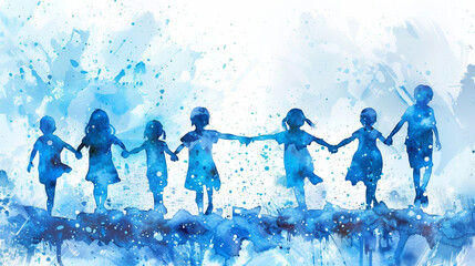 Silhouettes of children holding hands, watercolor painting, blue and white tones