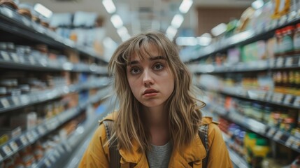 young woman with a worried expression pushing a shopping cart in a supermarket aisle lifestyle photography