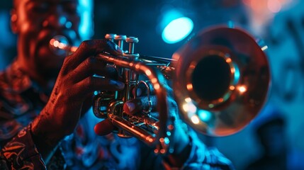 soulful african american jazz musician playing brass instrument moody club atmosphere emotive photography