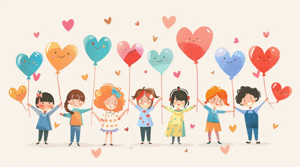 Happy children holding heart-shaped balloons, colorful illustration, cute cartoon style