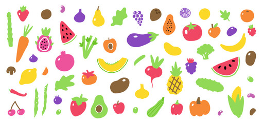 Vector collection of vegetables and fruits hand-drawn in doodle style