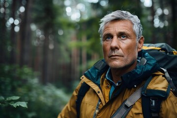 Obraz premium Full body photo of mature male Caucasian coach exploring the great outdoors using a hiking backpack in a forest setting.