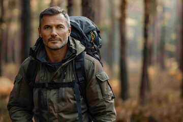 Obraz premium Full body photo of mature male Caucasian coach exploring the great outdoors using a hiking backpack in a forest setting.