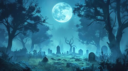 spooky halloween background eerie misty graveyard scene full moon haunted trees dark atmospheric digital art illustration