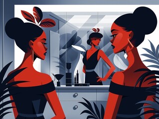 Two women are standing in front of a mirror, one of them is wearing a black dress. The other woman is wearing a red dress. The women are looking at each other