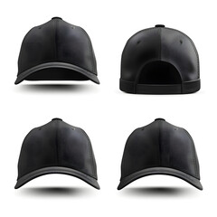 Set of minimal, sleek, black front and back view hat baseball cap on white background cutout. Mockup template for artwork graphic design