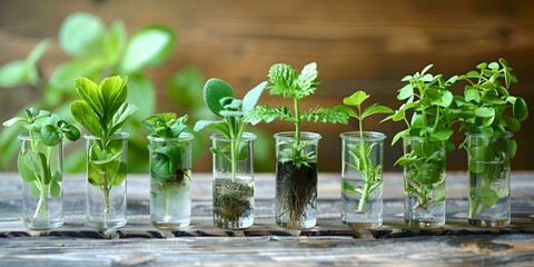 Nurturing Green Plants in Test Tubes with Water: Houseplants and Annuals. Concept Plant propagation, Indoor gardening, Water propagation, Houseplant care