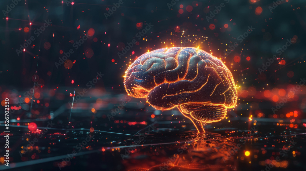 Aufkleber Abstract visualization of a glowing brain network on a digital grid, representing ai and neural connections