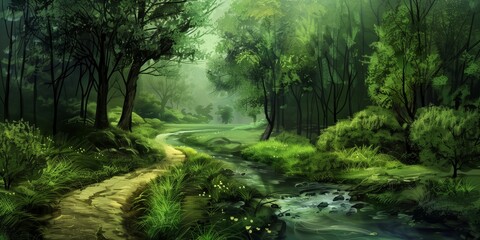 Obraz premium Nature, forest road in the morning, sunlight streaming through trees, serene landscape.