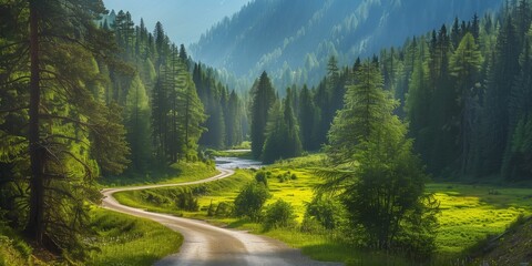 Nature, forest road in the morning, sunlight streaming through trees, serene landscape.