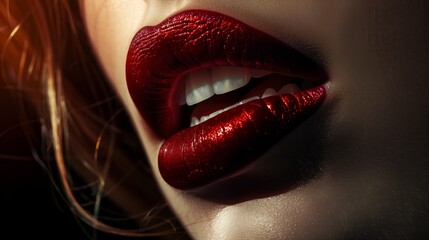 Obraz premium Photography, close-up of a woman's lips with vibrant red lipstick, glossy texture, and sensual expression.