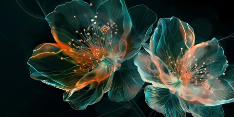 Abstract, 3D flowers with orange and teal petals, glowing light and delicate details.