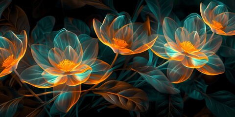 Abstract, 3D flowers with orange and teal petals, glowing light and delicate details.