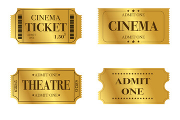 Vector set of admit one tickets template. Golden ticket for cinema,movie,circus,theatere,film,festival,casino,club,music etc. Event admission, entrance pass set .Vector illustration