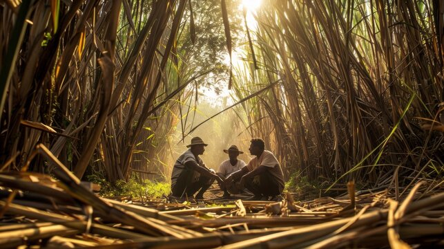Four workers are seen resting and chatting amidst tall sugarcane stalks, with sunlight streaming through in the afternoon.