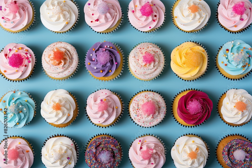 Aufkleber a blue background with a bunch of cupcakes on it, the image features a blue backdrop filled with a a