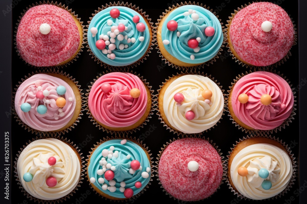 Aufkleber a blue background with a bunch of cupcakes on it, The image features a blue backdrop filled with a assortment of cupcakes.