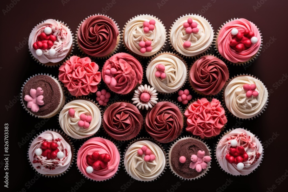Aufkleber a blue background with a bunch of cupcakes on it, The image features a blue backdrop filled with a assortment of cupcakes.