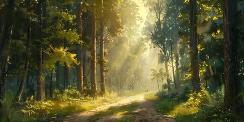 Nature, forest road in the morning, sunlight streaming through trees, serene landscape.