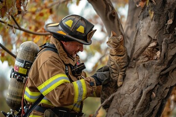 a fireman holding a cat up to a tree, A firefighter is lifting a cat to safety, up a tree.