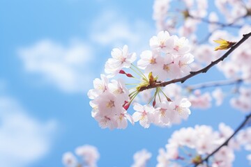 Delicate Cherry Blossoms Blooming Against A Bright Blue Spring Sky. Generative AI