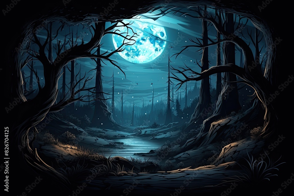 Poster a dark forest with a full moon in the background, an ominous forest with the glowing light of a full