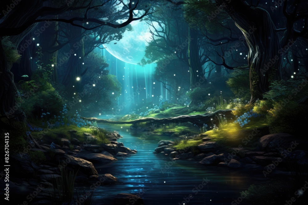 Poster a dark forest with a full moon in the background, an ominous forest with the glowing light of a full