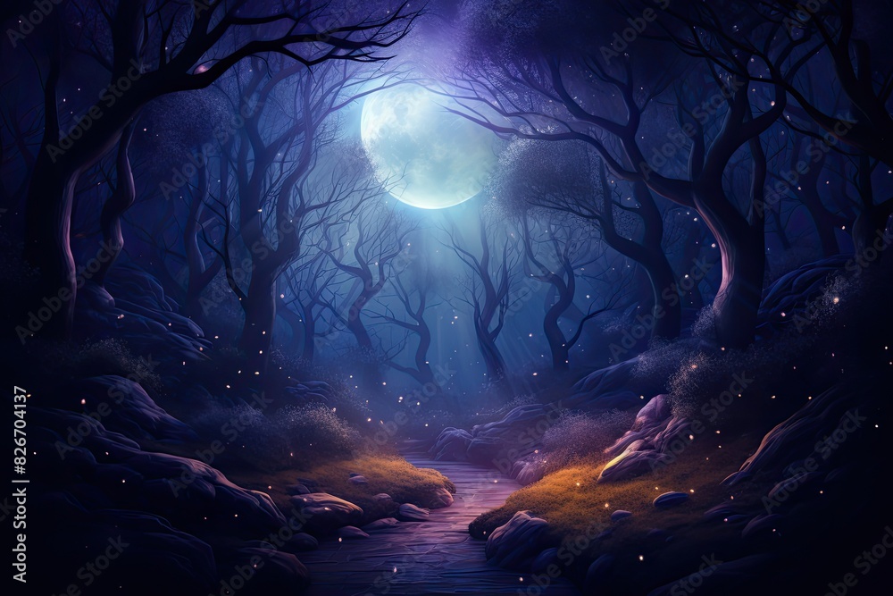 Poster a dark forest with a full moon in the background, an ominous forest with the glowing light of a full