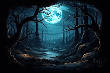 a dark forest with a full moon in the background, An ominous forest with the glowing light of a full moon in the distance.