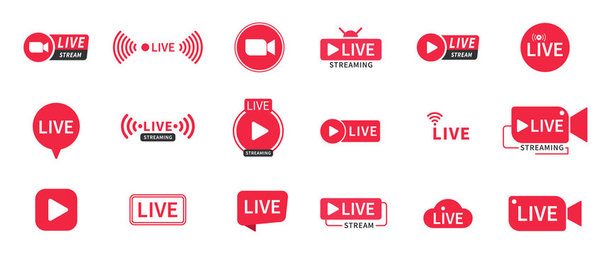Live and live streaming icons huge set in red and white color in various styles. Live and live streaming icon set in red and white color. Live streaming red icon set. Play button icon vector.