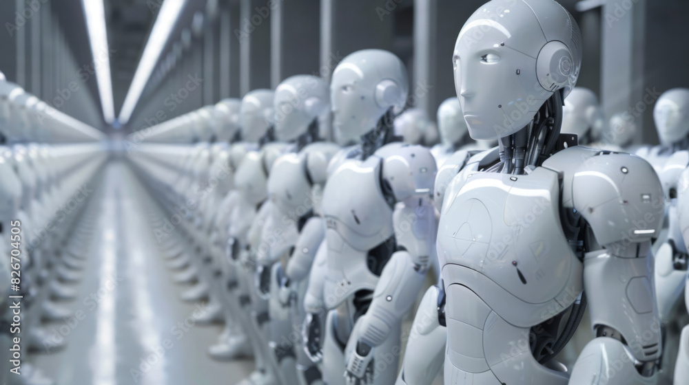 Poster high-tech production line of advanced humanoid robots standing in a row