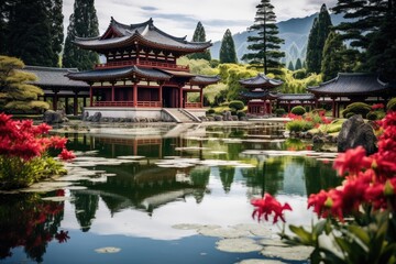 Fototapeta premium a pond with a pagoda in the background, In the background stands a pagoda beside a serene pond.