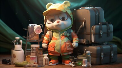 A photo of a 3D character with a travel mug and camping