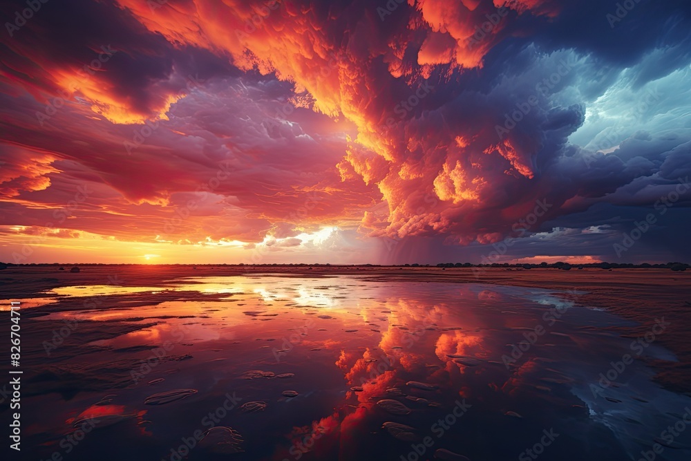Poster a sunset with clouds and water reflecting in the sand, an image of a sunset with clouds and water ca