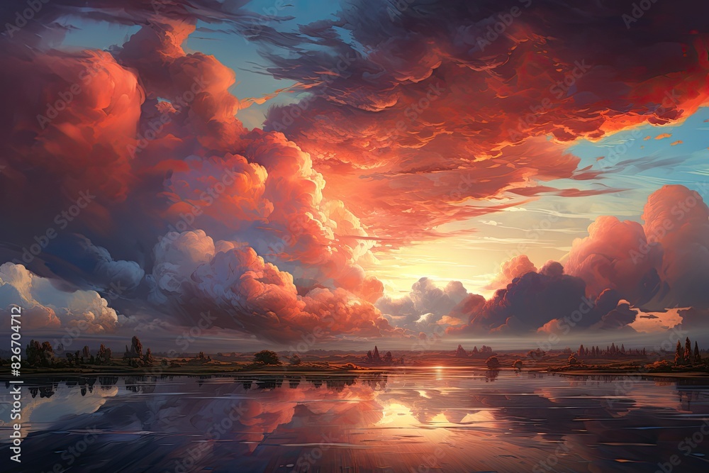 Aufkleber a sunset with clouds and water reflecting in the sand, an image of a sunset with clouds and water ca