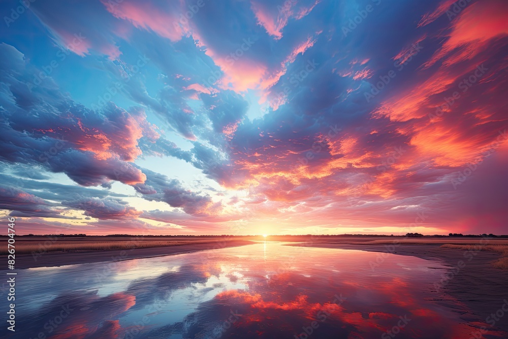Poster a sunset with clouds and water reflecting in the sand, an image of a sunset with clouds and water ca