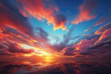 a sunset with clouds and water reflecting in the sand, An image of a sunset with clouds and water casting reflections on the sandy surface.