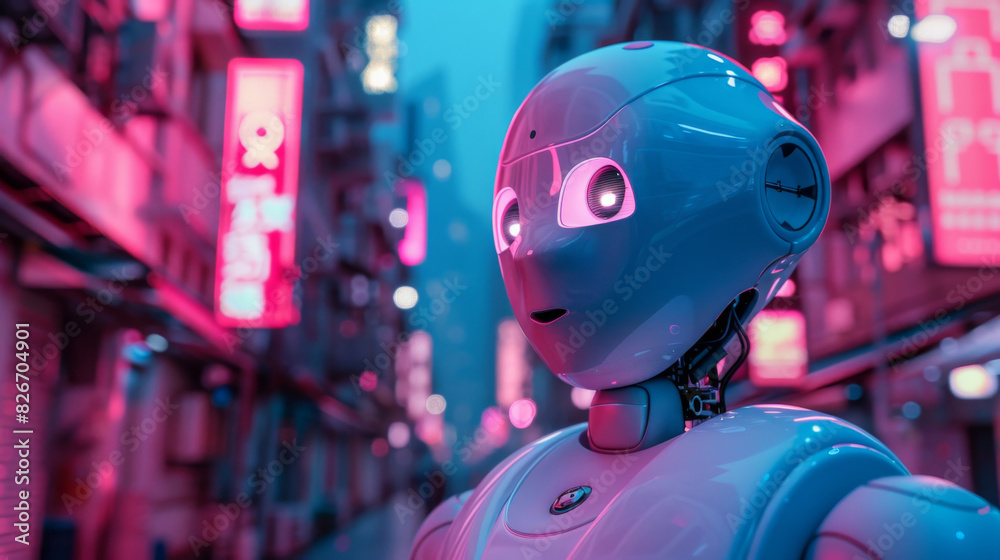 Poster advanced humanoid robot with expressive face against a vibrant neon-lit urban background