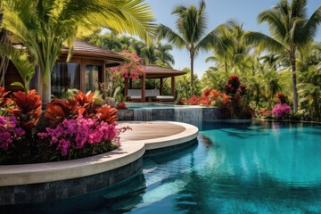 a pool with a waterfall and a gazebo in the background, A scenic view of a pool surrounded by a waterfall and a gazebo in the distance.