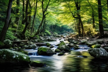 a stream running through a lush green forest, The verdant forest is traversed by a gentle stream.