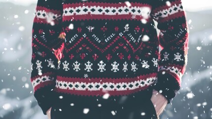 A person wearing a festive knit sweater stands outdoors in a snowy winter landscape, capturing the essence of the holiday season