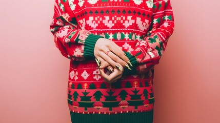 Close-up of a person wearing a festive, colorful sweater with intricate patterns, showcasing their hands with polished nails against a pink background.