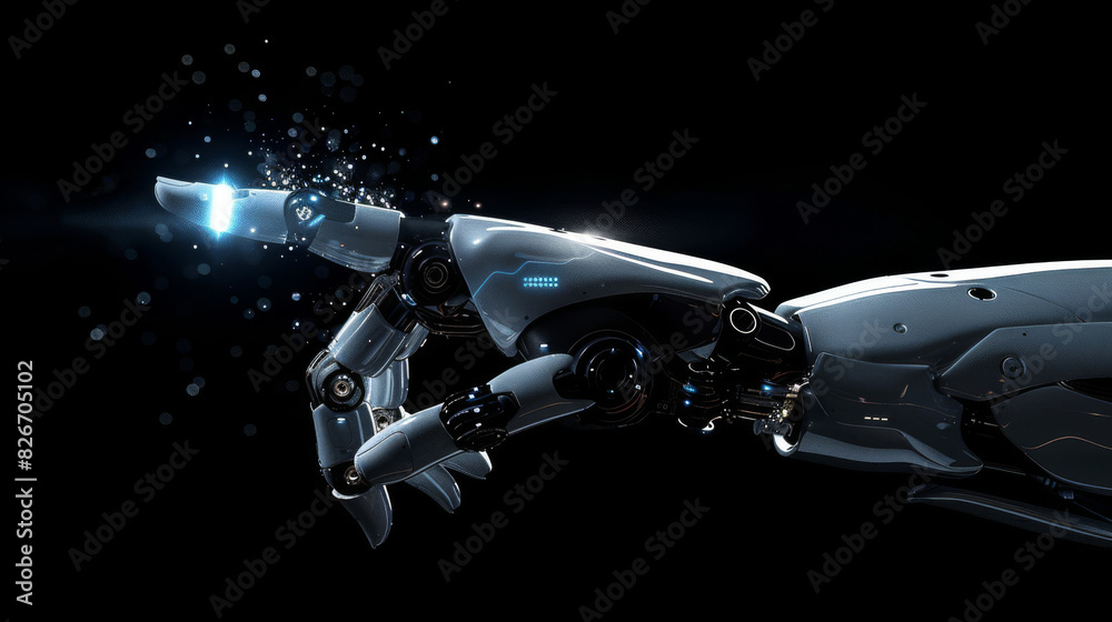 Poster High-tech robotic arm with a powerful light beam against a dark backdrop