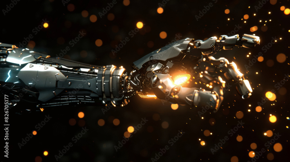 Poster sleek robotic arm depicted in 3d with bright sparks against a dark background