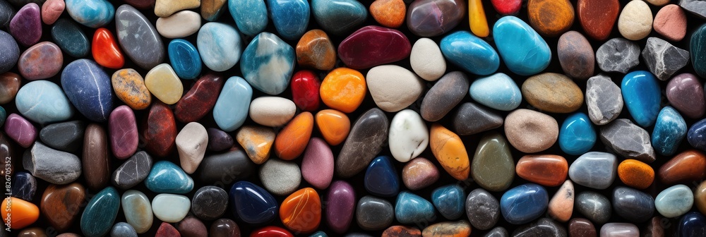 Poster a bunch of different colored rocks on a table, A collection of assorted rocks in various colors displayed on a table.