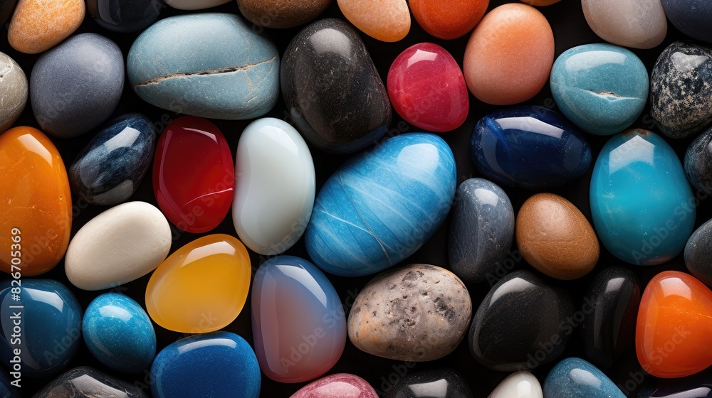 Poster a bunch of different colored rocks on a table, A collection of assorted rocks in various colors displayed on a table.