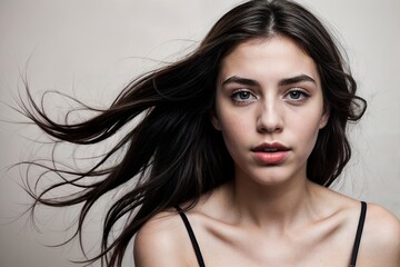 Naklejka premium A woman with long black hair is screaming with her mouth open and showing teeth