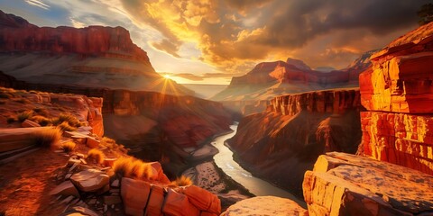 Breathtaking Grand Canyon panorama at sunset in warm light