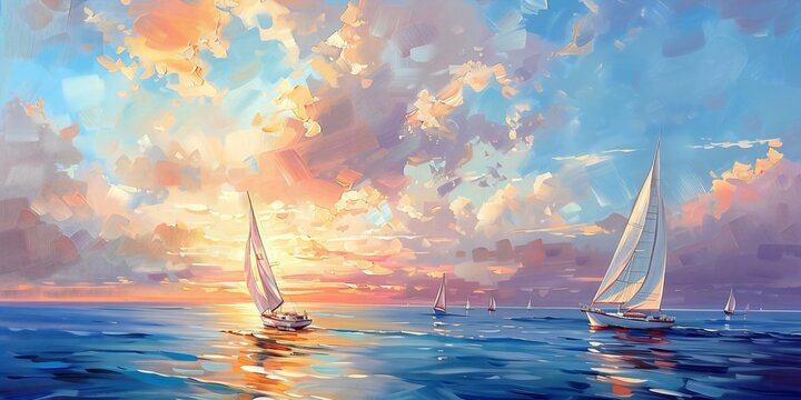 Serene seascape oil painting of sailboats silhouetted against fiery sunset, pink sky - Powered by Adobe