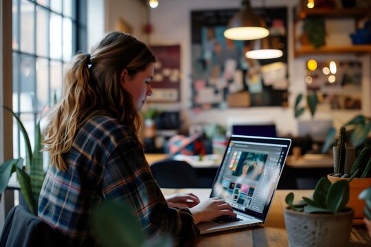 Young woman working on laptop in office setting creating computer program code
